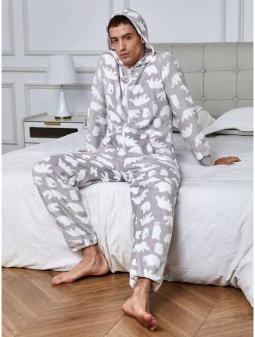 Men s Hooded With Polar Bear Print Homewear Jumpsuit