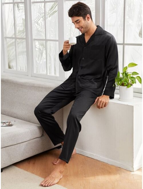 Men Pocket Front Satin Lounge Set