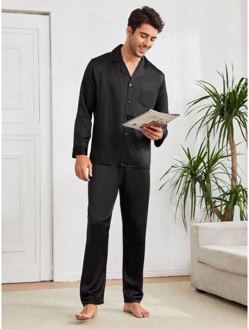 Men Pocket Front Satin Lounge Set