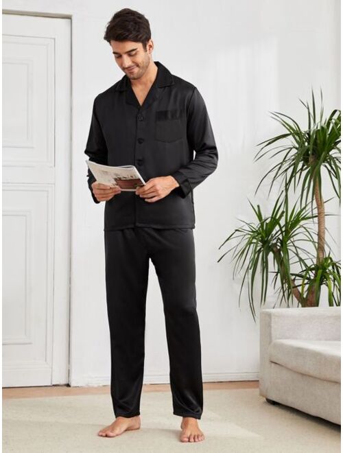 Men Pocket Front Satin Lounge Set