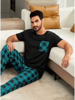 Men Plaid Print PJ Set