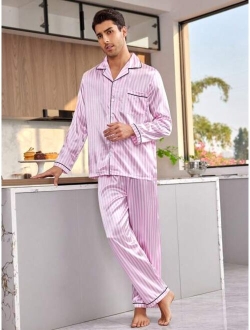 Men Contrast Piping Satin PJ Set