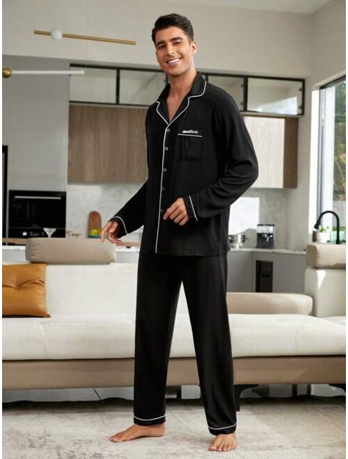 Men Contrast Piping PJ Set