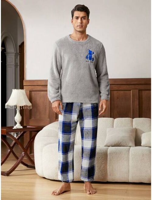 Men Letter Embroidery Flannel PJ Set