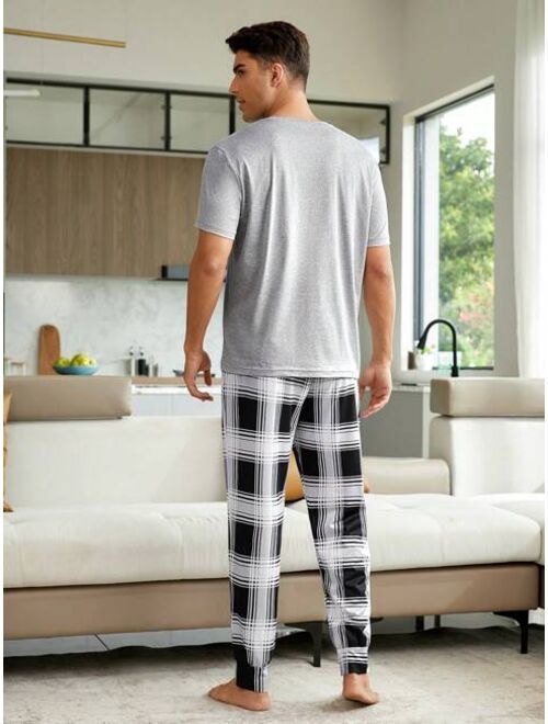 1set Panda Print Sleep Tee Plaid Print Sleep Pants