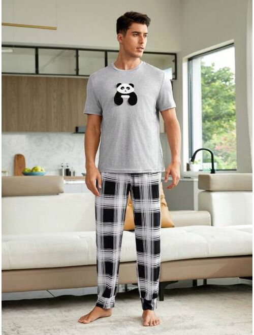 1set Panda Print Sleep Tee Plaid Print Sleep Pants