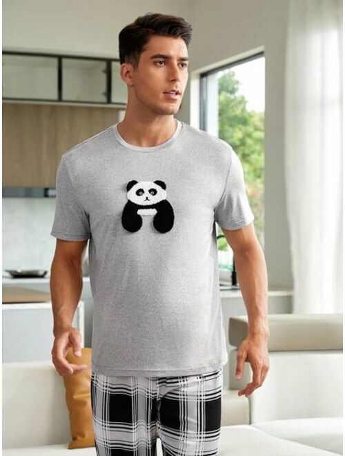 1set Panda Print Sleep Tee Plaid Print Sleep Pants