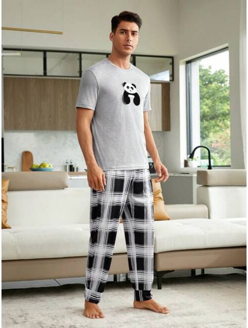 1set Panda Print Sleep Tee Plaid Print Sleep Pants