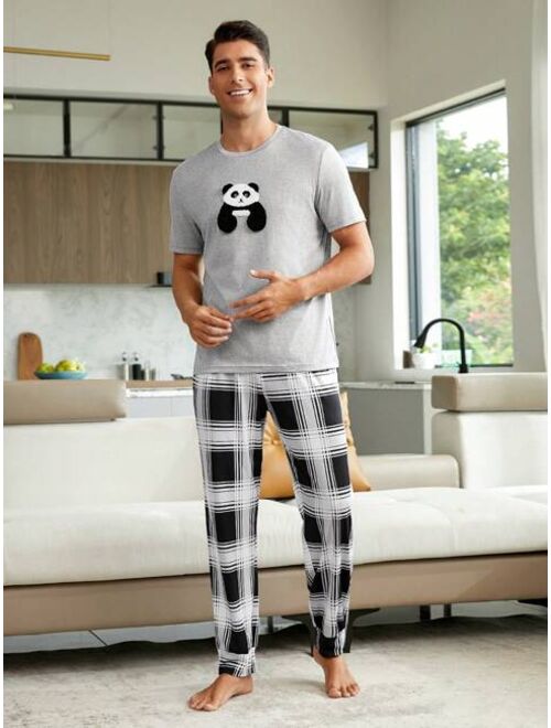 1set Panda Print Sleep Tee Plaid Print Sleep Pants