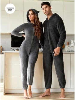 Men Zip Up Hooded Teddy Sleep Jumpsuit