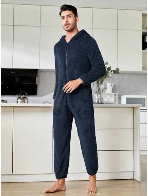 Men Zip Up Hooded Teddy Sleep Jumpsuit