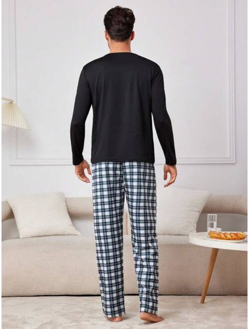 Men s Letter Printed T shirt And Plaid Long Pant Homewear Set