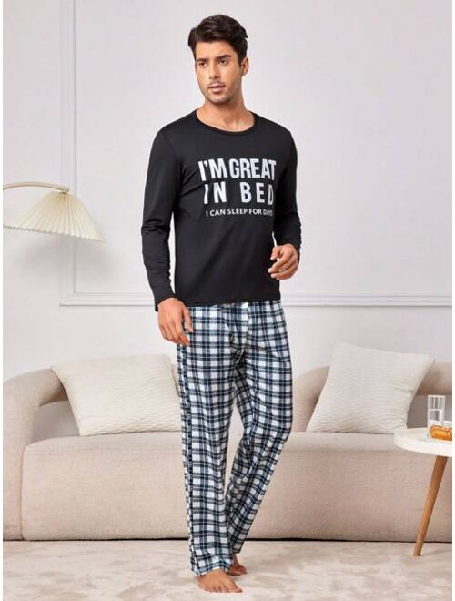 Men s Letter Printed T shirt And Plaid Long Pant Homewear Set