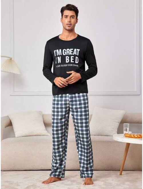 Men s Letter Printed T shirt And Plaid Long Pant Homewear Set