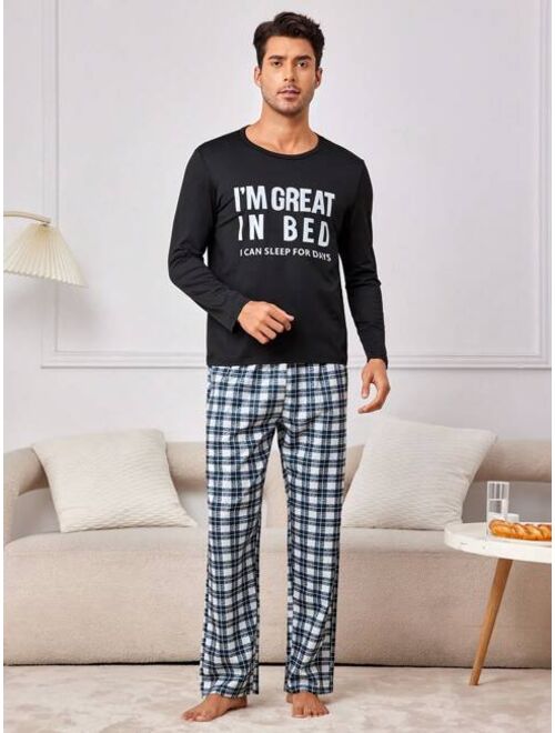 Men s Letter Printed T shirt And Plaid Long Pant Homewear Set