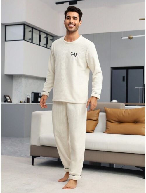 1pc Letter Embroidery Contrast Piping Flannel PJ Set