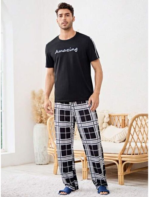 Men Plaid Print Drawstring Waist Sleep Pants