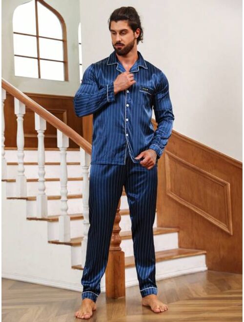 Men Striped Print Contrast Piping Satin PJ Set