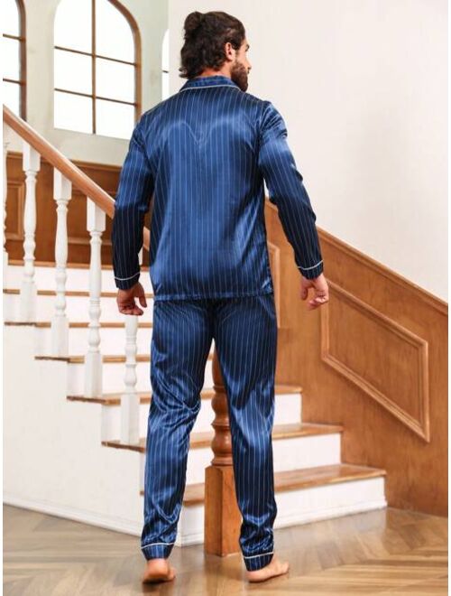 Men Striped Print Contrast Piping Satin PJ Set