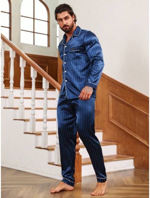 Men Striped Print Contrast Piping Satin PJ Set