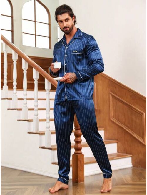 Men Striped Print Contrast Piping Satin PJ Set