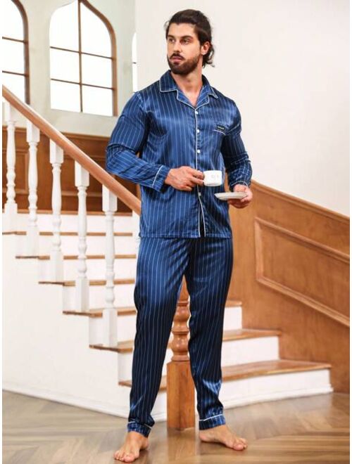 Men Striped Print Contrast Piping Satin PJ Set