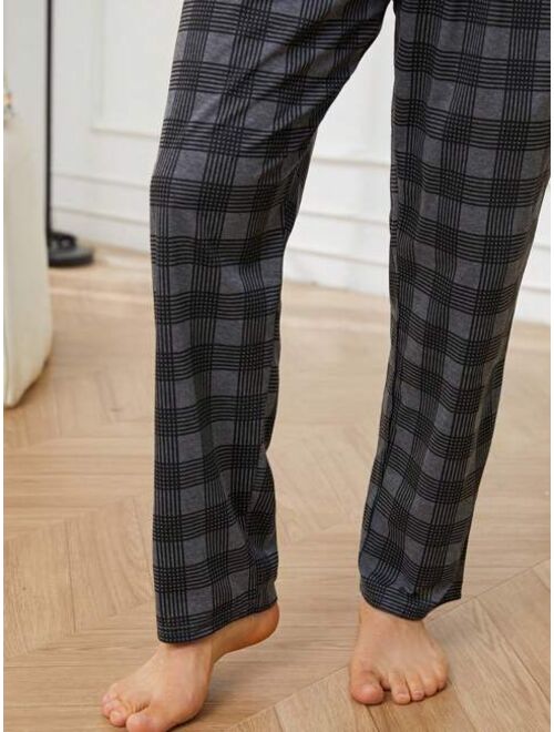 Men Solid Tee Plaid Print Pants PJ Set