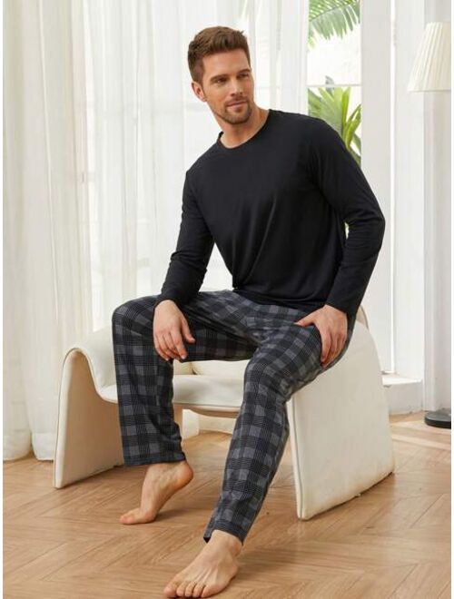 Men Solid Tee Plaid Print Pants PJ Set