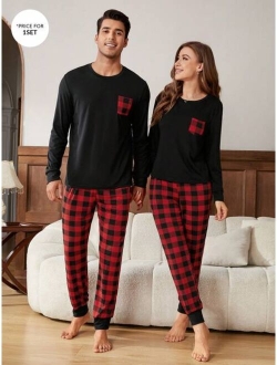 Men s 1pc Long Sleeve T shirt And 1pc Plaid Trousers Loungewear Set