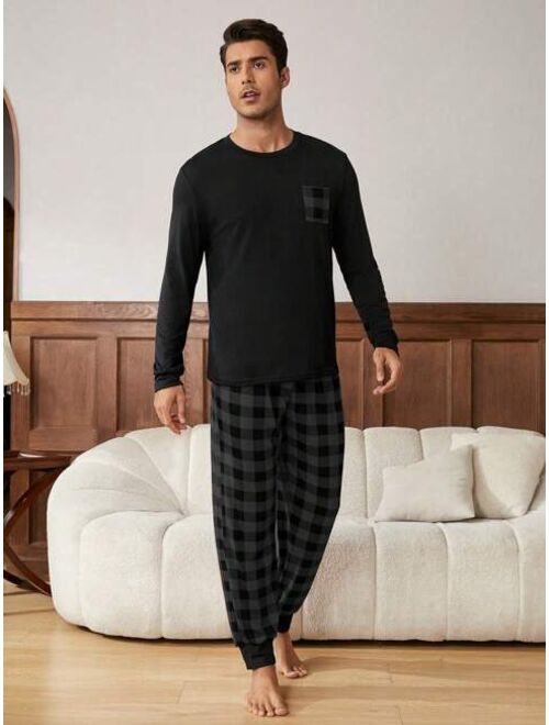 Men s 1pc Long Sleeve T shirt And 1pc Plaid Trousers Loungewear Set