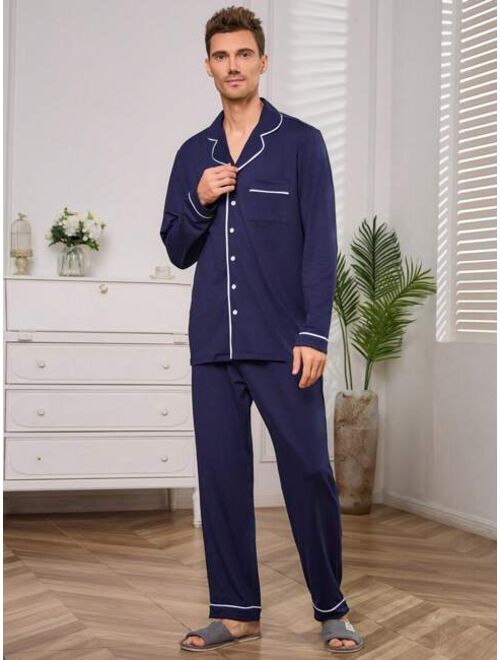 Men Contrast Piping PJ Set