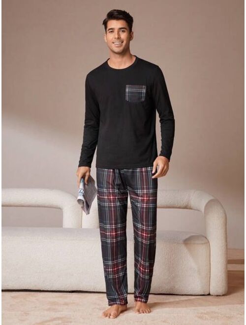 Men Plaid Print Pocket Patched PJ Set