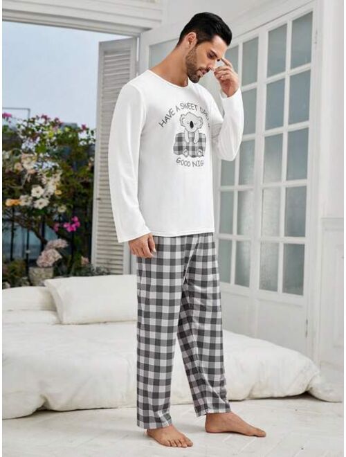 Men Plaid Slogan Graphic PJ Set for Family Matching