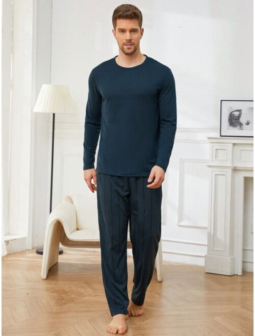 Men Solid Tee Pants PJ Set