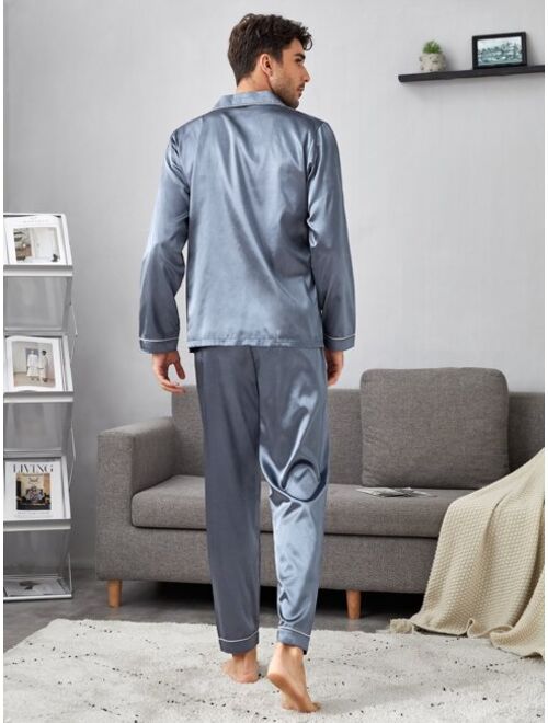 Men Contrast Piping Satin Shirt Pants PJ Set