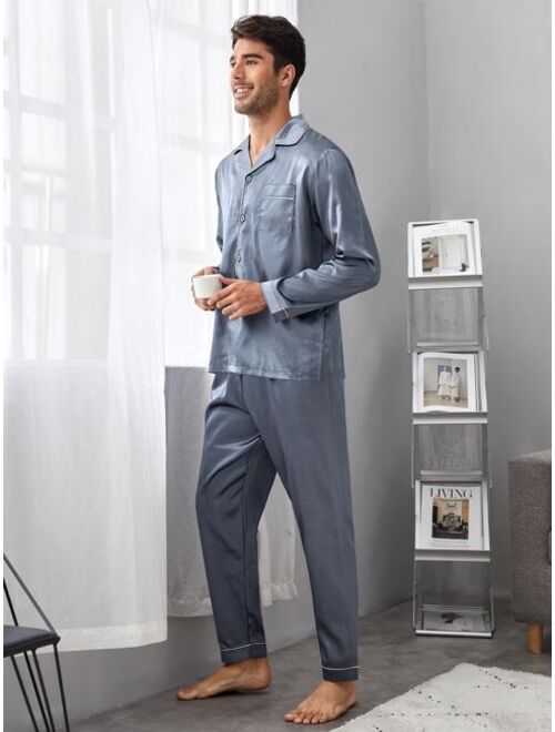 Men Contrast Piping Satin Shirt Pants PJ Set