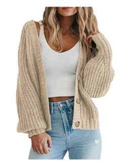 Women's Chunky Knit Open Front Sweater Long Sleeve Button Loose Short Cardigan Outerwear Coats
