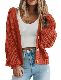 Women's Chunky Knit Open Front Sweater Long Sleeve Button Loose Short Cardigan Outerwear Coats