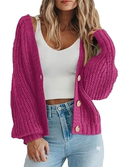 Women's Chunky Knit Open Front Sweater Long Sleeve Button Loose Short Cardigan Outerwear Coats