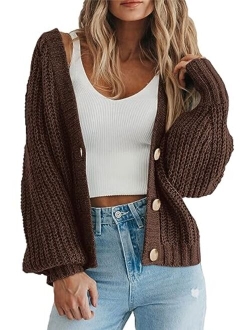 Women's Chunky Knit Open Front Sweater Long Sleeve Button Loose Short Cardigan Outerwear Coats