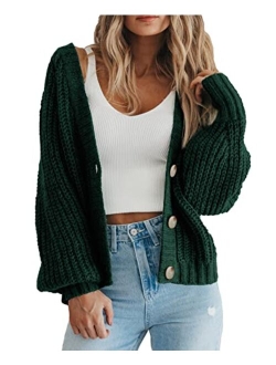 Women's Chunky Knit Open Front Sweater Long Sleeve Button Loose Short Cardigan Outerwear Coats