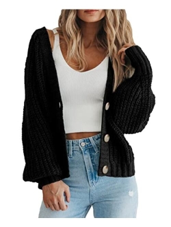 Women's Chunky Knit Open Front Sweater Long Sleeve Button Loose Short Cardigan Outerwear Coats