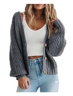 Women's Chunky Knit Open Front Sweater Long Sleeve Button Loose Short Cardigan Outerwear Coats