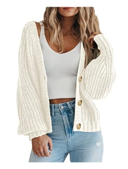 Women's Chunky Knit Open Front Sweater Long Sleeve Button Loose Short Cardigan Outerwear Coats