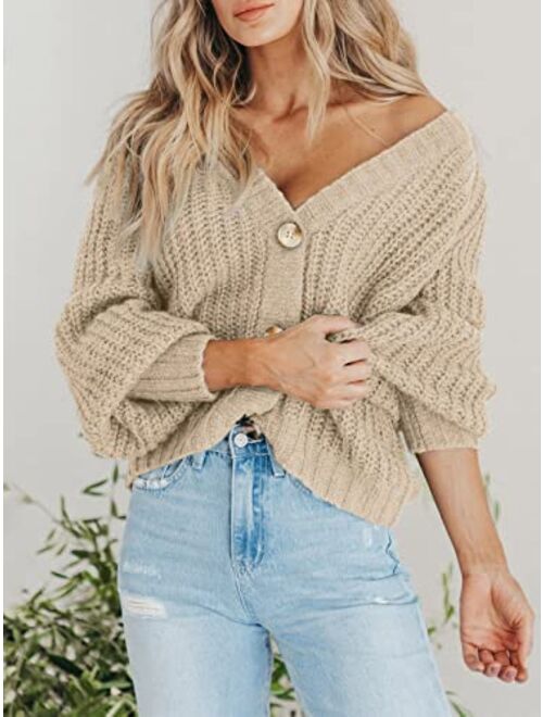 PRETTYGARDEN Women's Chunky Knit Open Front Sweater Long Sleeve Button Loose Short Cardigan Outerwear Coats