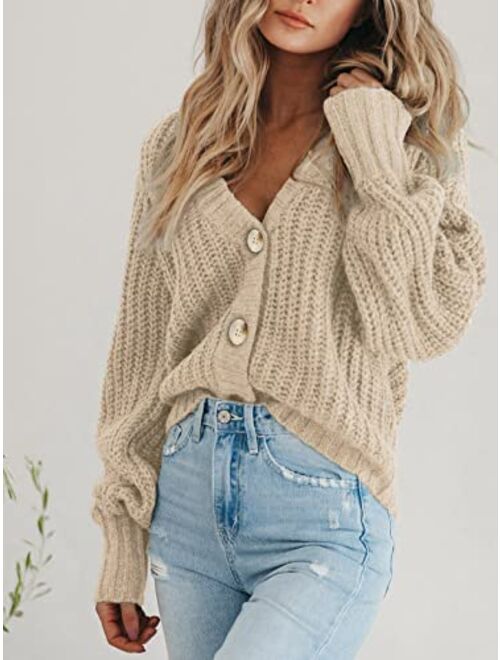 PRETTYGARDEN Women's Chunky Knit Open Front Sweater Long Sleeve Button Loose Short Cardigan Outerwear Coats