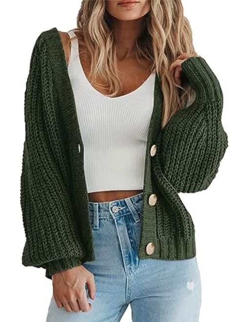 PRETTYGARDEN Women's Chunky Knit Open Front Sweater Long Sleeve Button Loose Short Cardigan Outerwear Coats