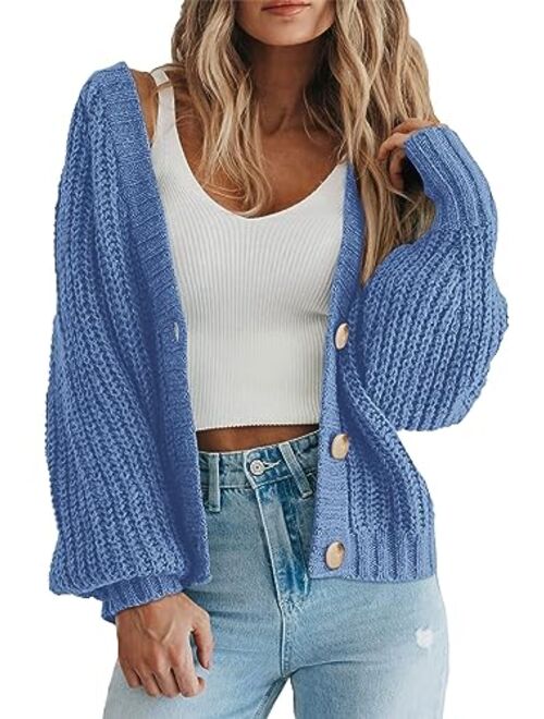 PRETTYGARDEN Women's Chunky Knit Open Front Sweater Long Sleeve Button Loose Short Cardigan Outerwear Coats