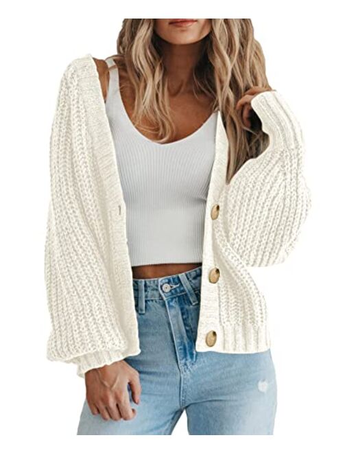 PRETTYGARDEN Women's Chunky Knit Open Front Sweater Long Sleeve Button Loose Short Cardigan Outerwear Coats