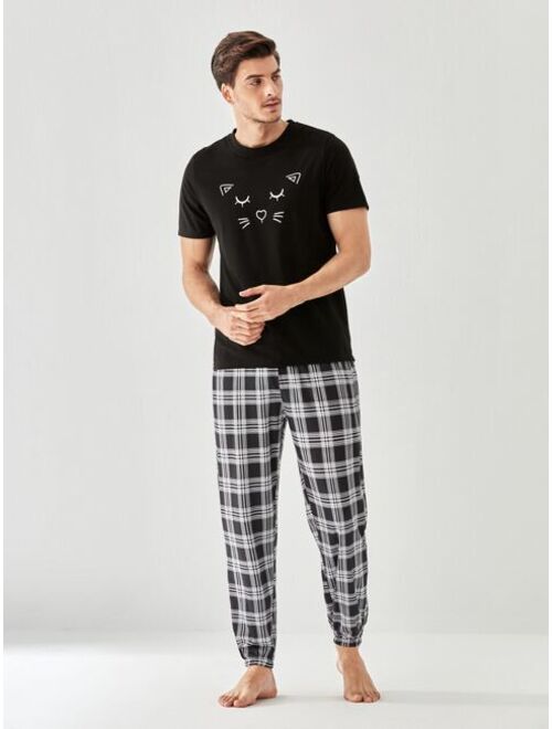 Men Plaid Drawstring Waist Sleep Pants